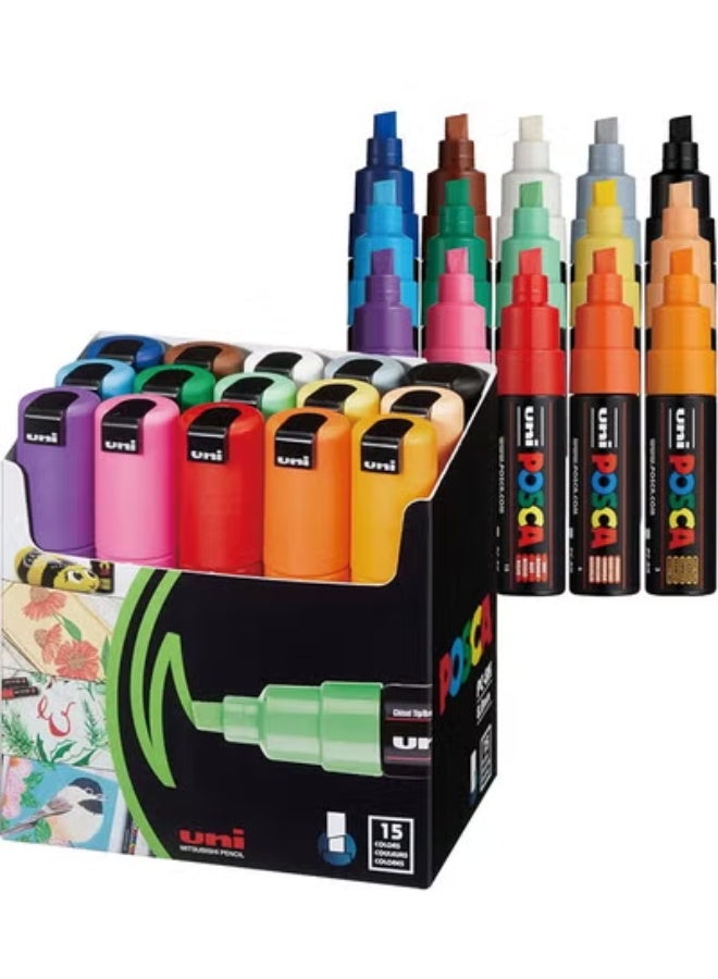 بوسكا 15 علامة طلاء بوسكا، علامات بوسكا عريضة15 Posca Paint Markers, 8K Broad Posca Markers with Broad Chisel Tips, Set of Acrylic Paint Pens for Art Supplies, Fabric Paint, Fabric Markers, Paint Pen, Art Markers 8K مع أطراف إزميل عريضة، مجموعة من أقلام طلاء الأكريليك للوازم الفنية، طلاء القماش، علامات النسيج، قلم الطلاء، علامات فنية - Image 1